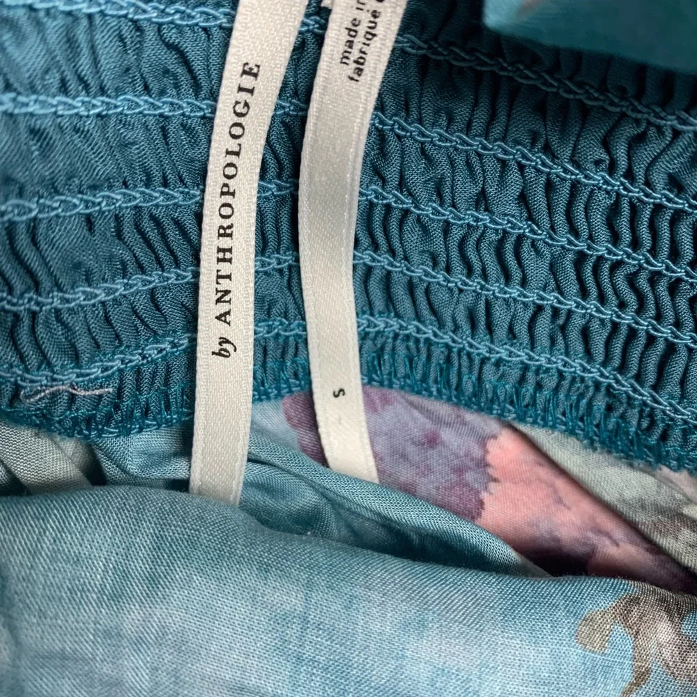 NWOT Anthropologie Teal Floral Smocked Puff Sleeve Midi Dress S - Picture 6 of 9